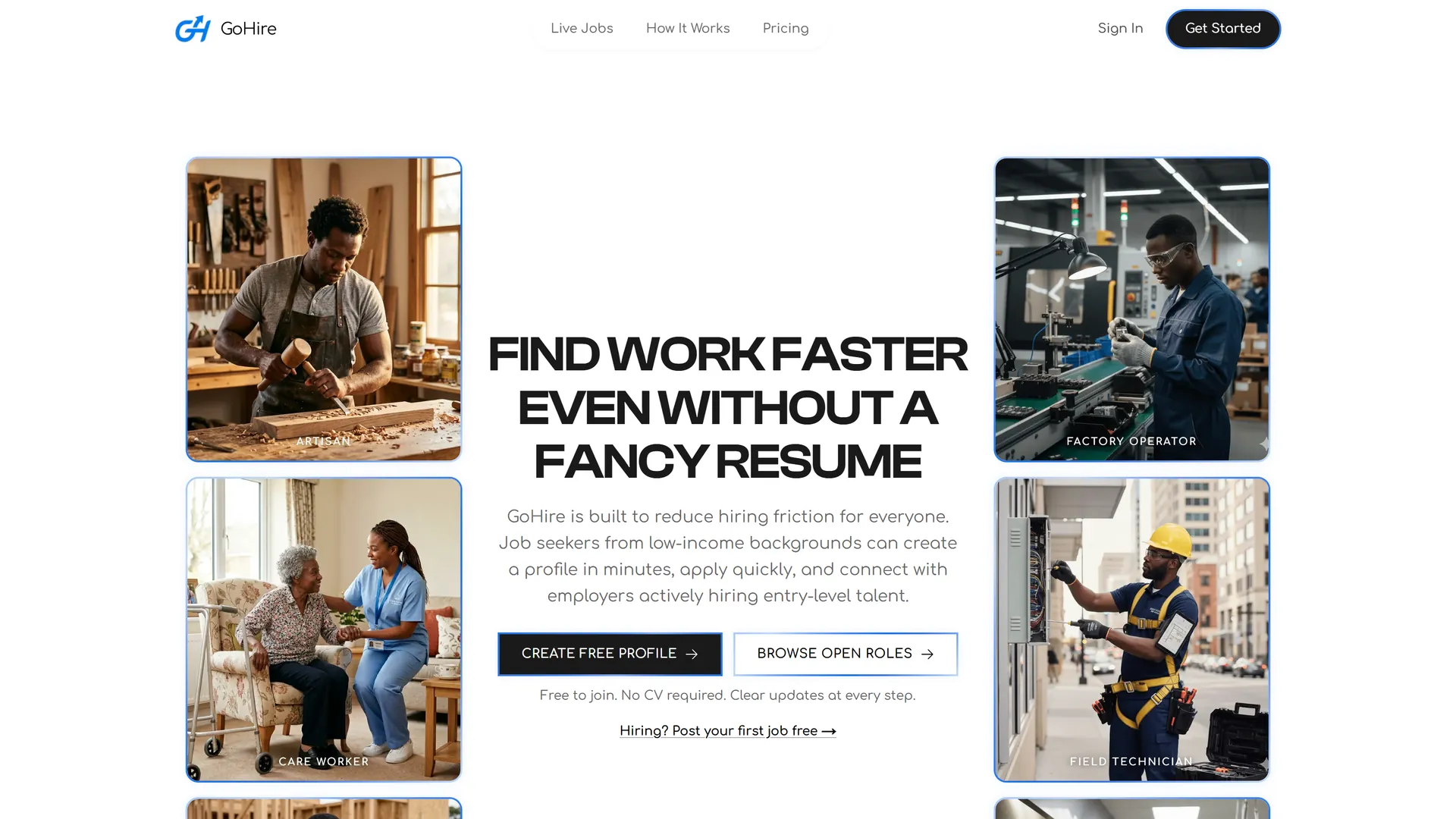GO HIRE landing page